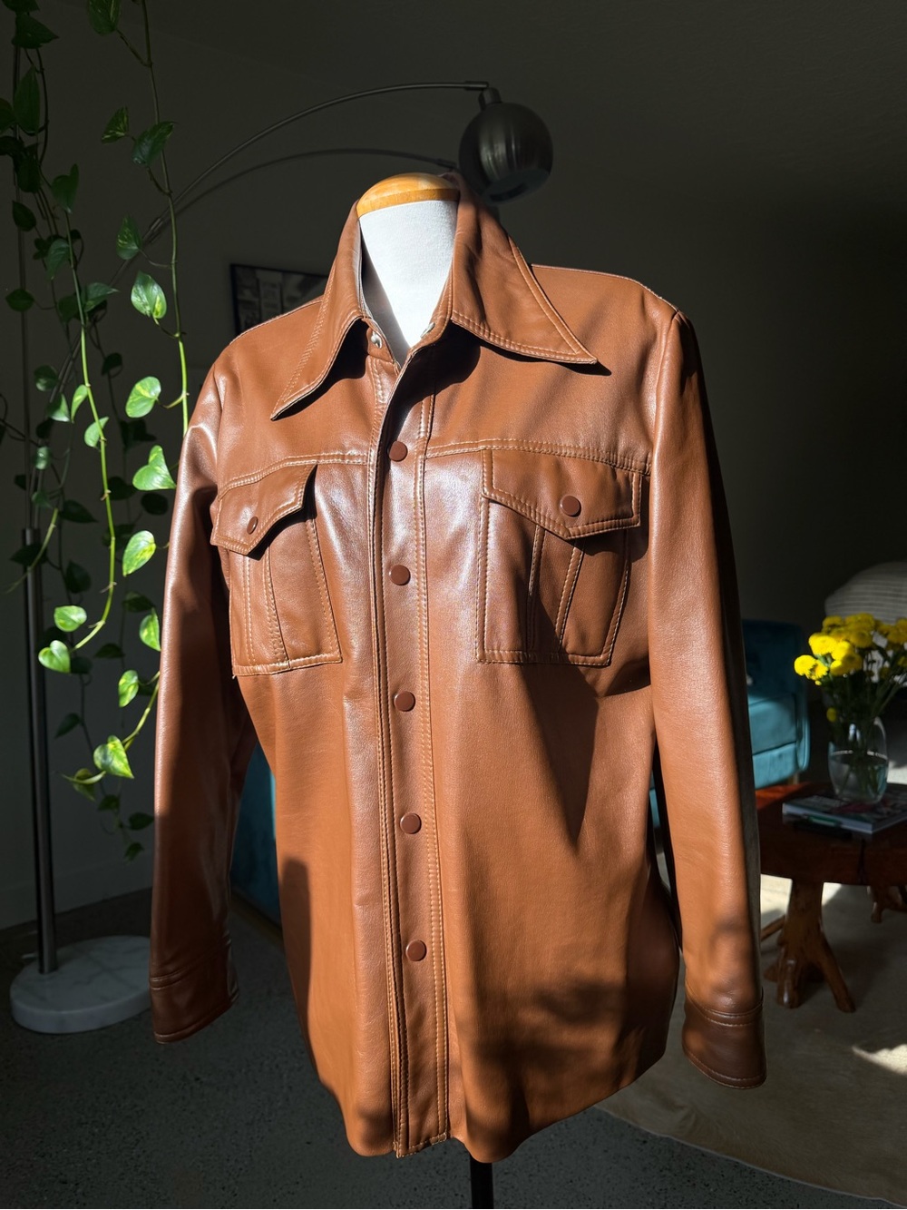 Men's Brown Leather Shirt Jacket - Classic Chest Pockets
